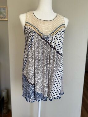 Crochet Yoke Patchwork Tank Top - Blue & Cream